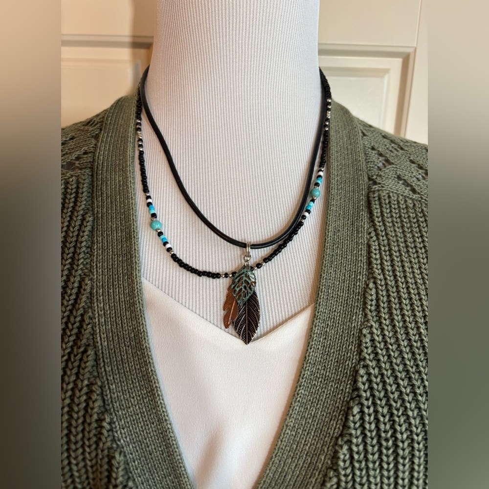 Black and Turquoise Feather Pendant Necklace